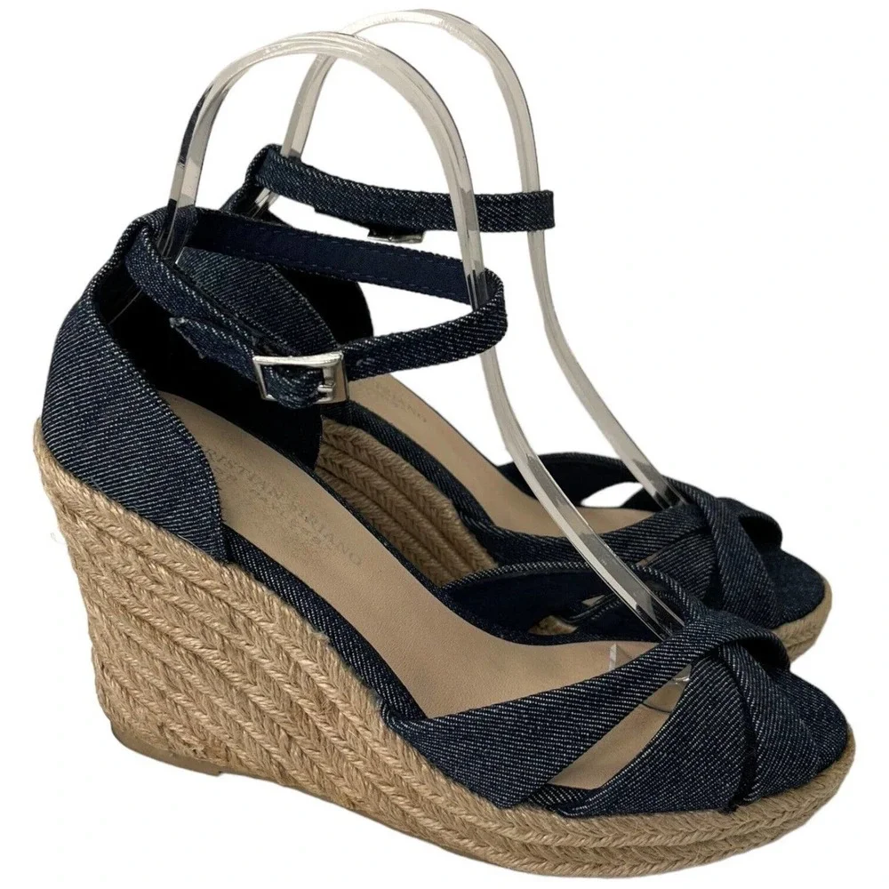 Christian Siriano Espadrille Wedge Ankle Strap Denim Blue Sandals 8